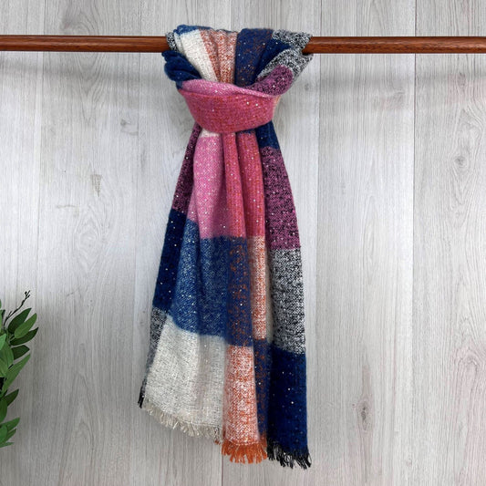 Pink Chunky Winter Checked Scarf With Sequenced Fleck