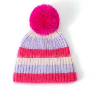 Striped Pompom Hat Pink sd007