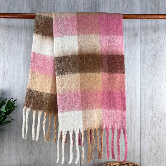 Pink Chunky Winter Checked Scarf With Long Fringe