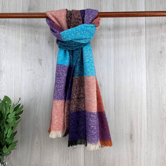 Purple Chunky Winter Checked Scarf With Sequenced Fleck