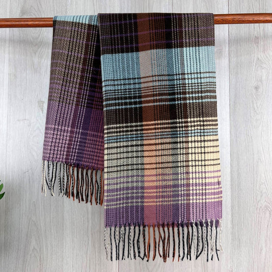 Purple Checked Fine Winter Scarf With Fringe
