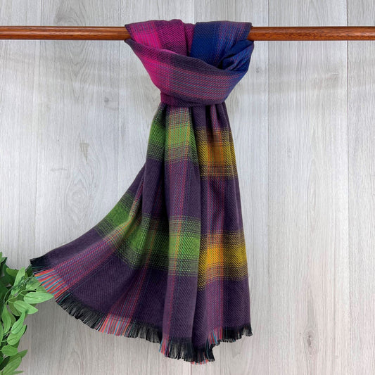 Purple Fine Checked Winter Scarf With Fringe