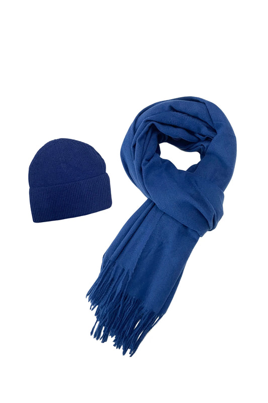 Royal Blue Cosy Plain Tassel Scarf and Hat 7884