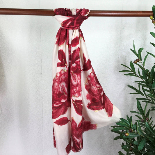 Red Lightweight Winter Scarf With Large Flower Design