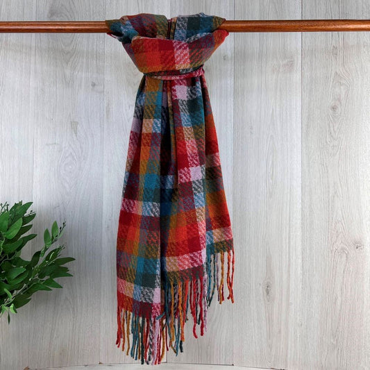 Red Wooly Feel Winter Checked Scarf With Fringe