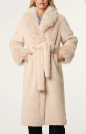 Faux Fur Beige Belted Longline Coat