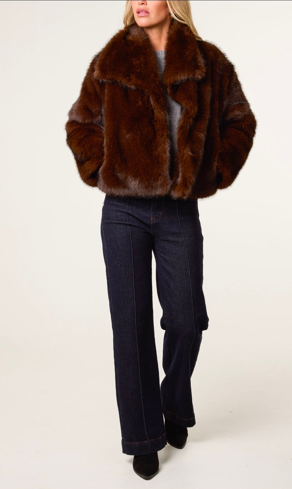 Luxurious Chocolate Faux Fur Cropped Jacket