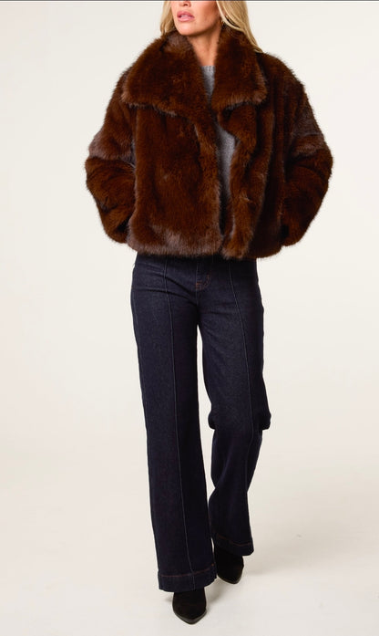 Luxurious Chocolate Faux Fur Cropped Jacket