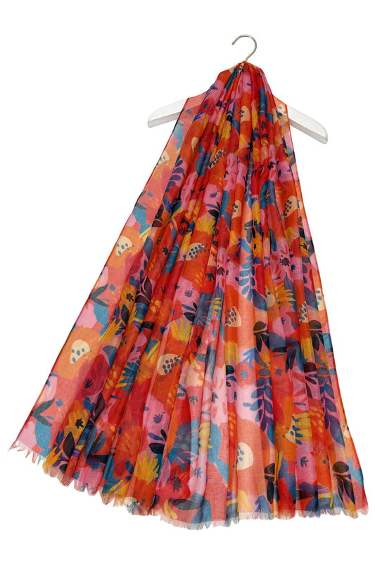 Vibrant floral print frayed scarf