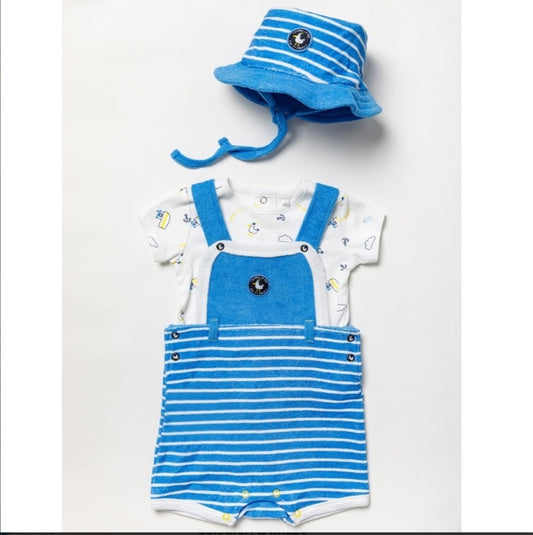 Baby boy jersey t-shirt, dungaree and bucket hat