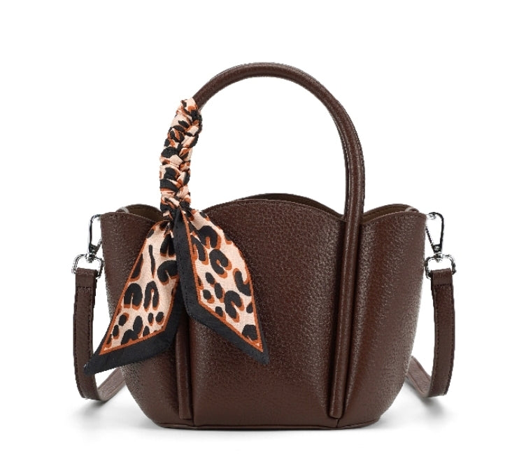 Small Handbag with Leopard Print Scarf Handle Wrap and Long Crossbody Strap and Scalloped Top Detail