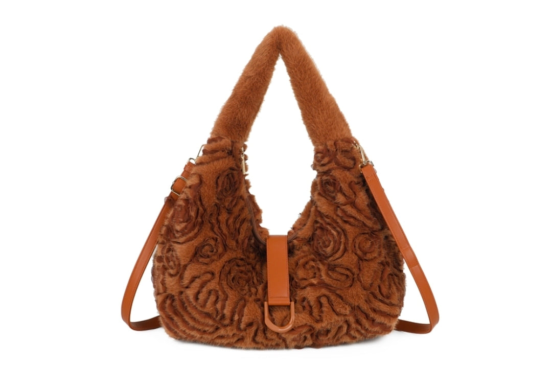Triangle Handle Fur Shoulder Bag with Long Strap