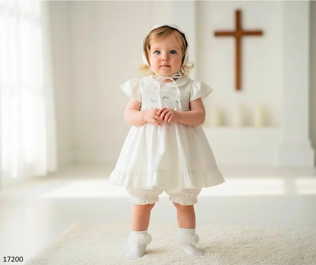 Girls Off White Short Christening Dress , Hat and Bloomer Set