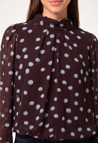 High Neck Puffball Chocolate Blouse with Blue Plokadots