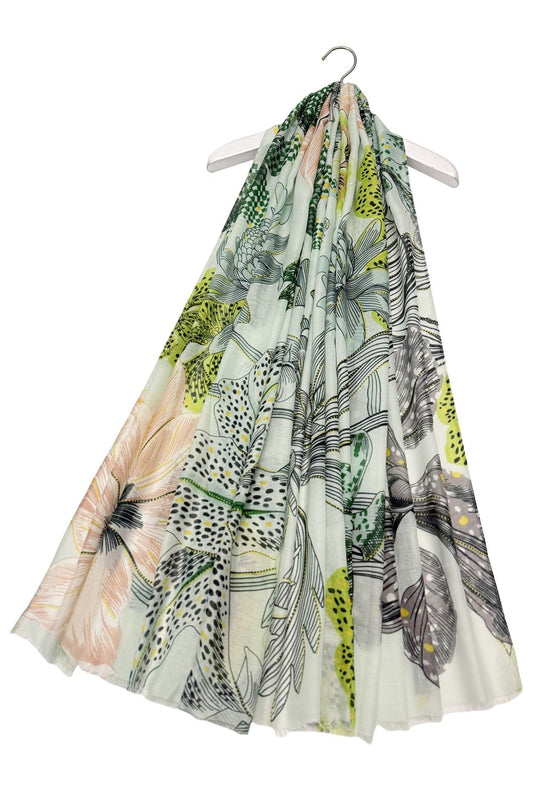 Tropical Flower print frayed scarf-green