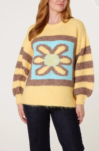 Flower Illustration Ballon Sleeve Knit Jumper