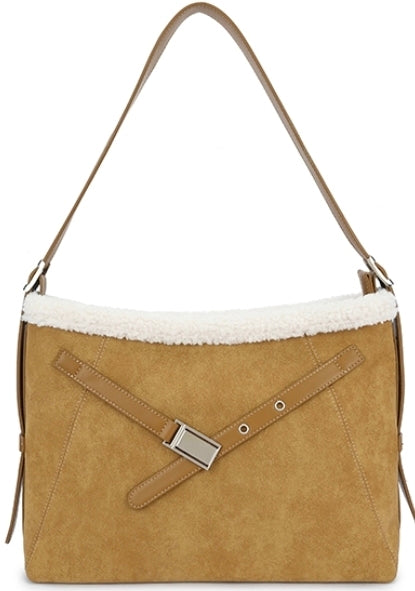 Suede Fur Trimmed Handbag with Buckle Front Detail