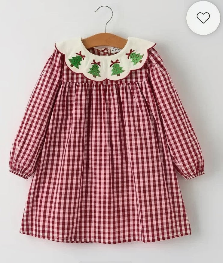 Embroidered Christmas Tree Plaid Dress