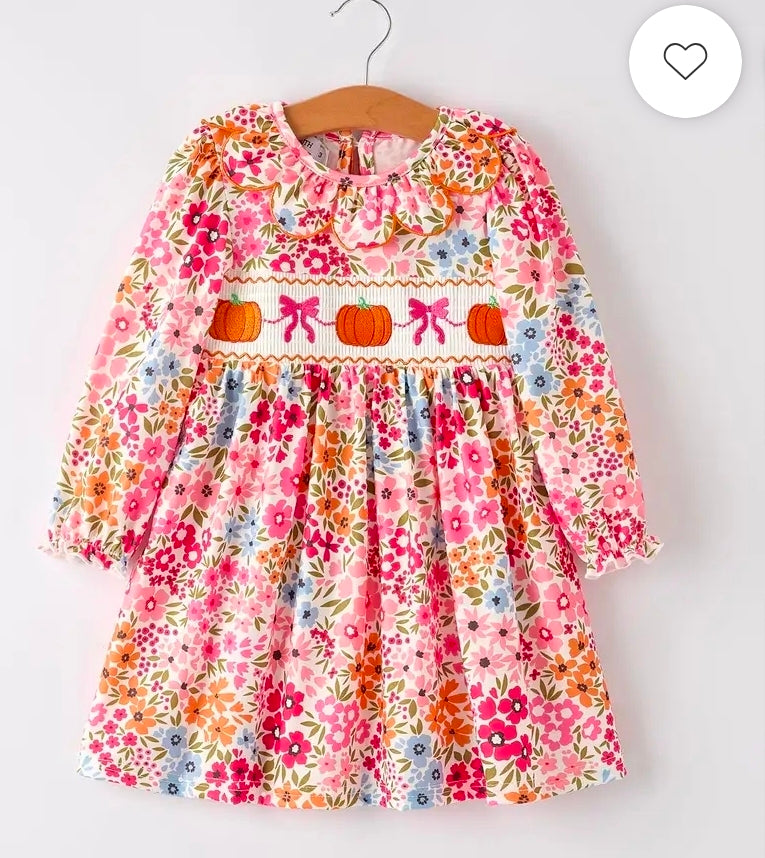 Halloween Pumkin Bow Smock Floral Dress
