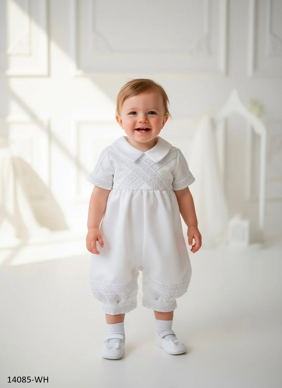 Boys White Satin Feel Christening Romper with Gold Embroidery, Complete with Hat