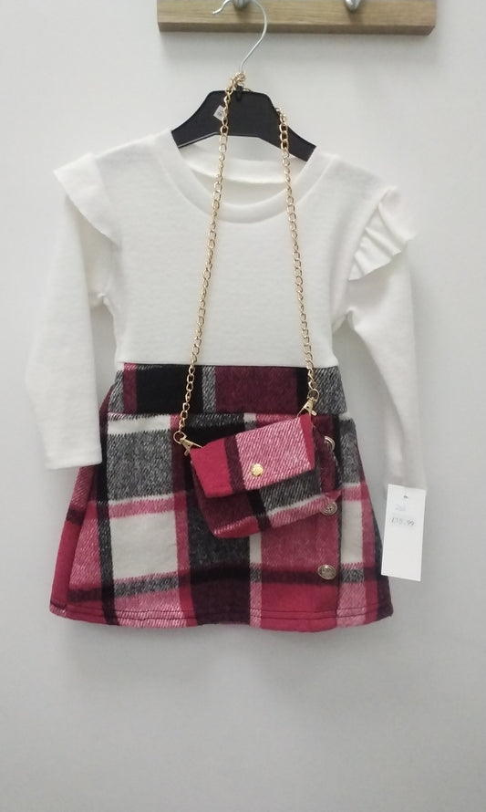 White and Pink Tartan Dress and Bag Set 266