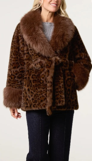Leopard Print Faux Fur Coat Brown