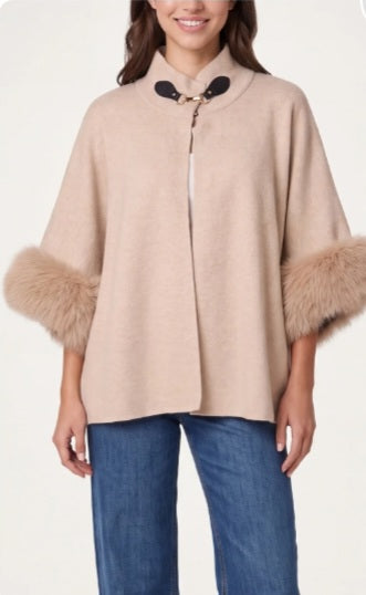 Fur Cuff Funnel Neck Poncho Beige