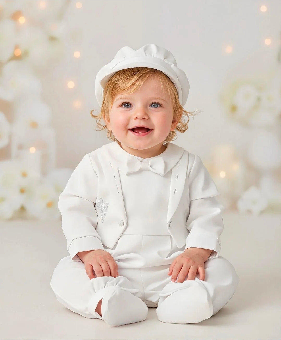 Boys White Christening 2Pce Formal Style Suit with Hat and Dickiebow
