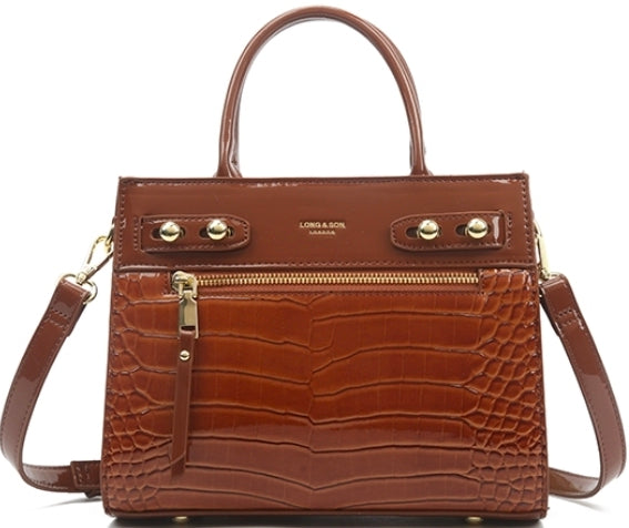 Patent Handbag With Handle and Long Strap, Front Zip Pocket