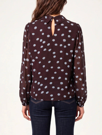 High Neck Puffball Chocolate Blouse with Blue Plokadots