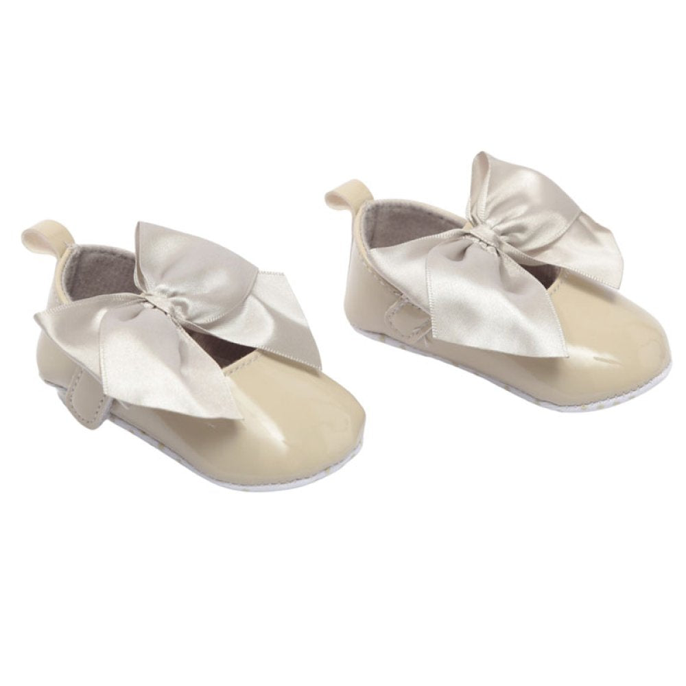 Girls Shiny PU Shoes w/Velcro Strap & Large Satin Bow