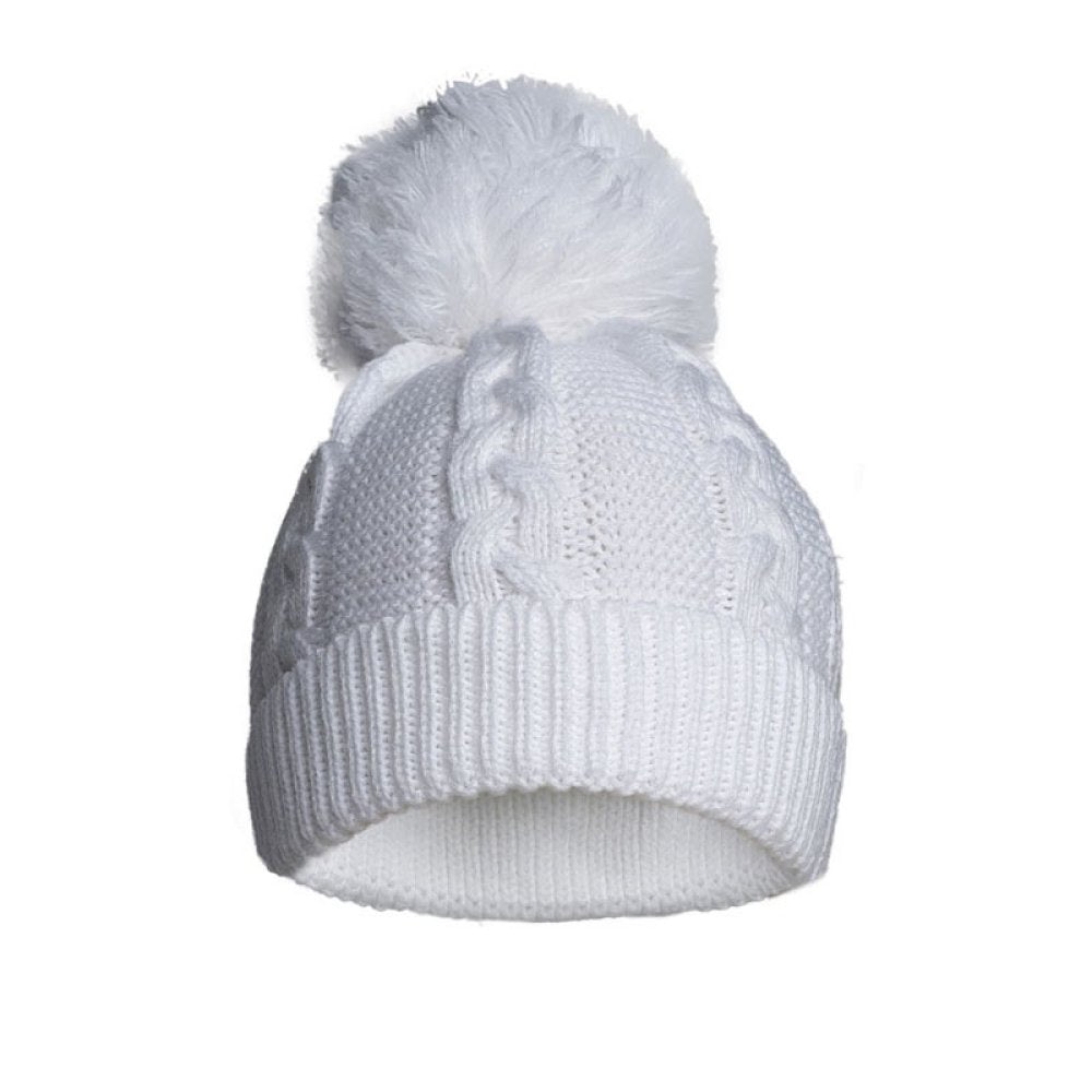 White Cable Knit Baby Hat with Pompom