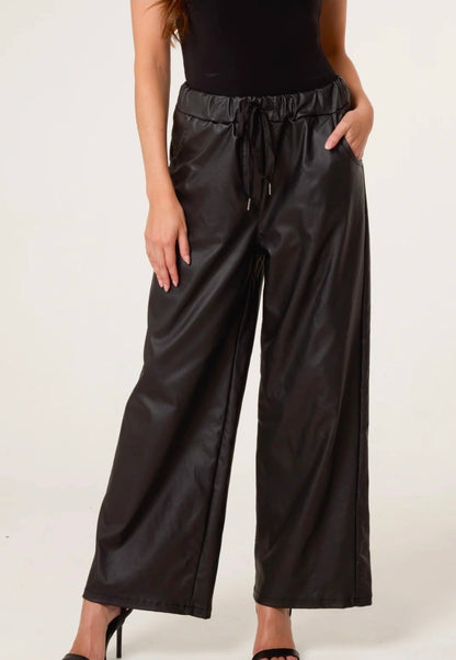 Ladies Black PU Wide Leg Magic Trousers One Size (8-16)