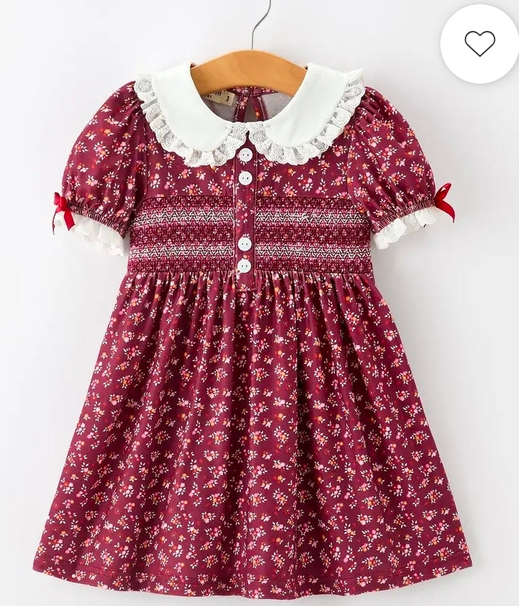 Burgundy Floral Smocked Dress With Peter Pan Collar Lace Trim