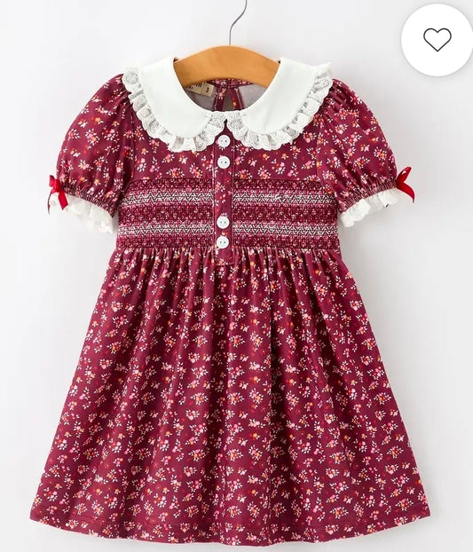Burgundy Floral Smocked Dress With Peter Pan Collar Lace Trim