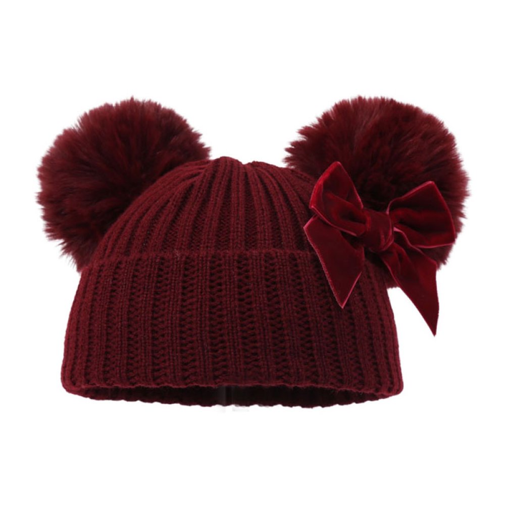 Ribbed Burgundy Hat with Pom Poms , Turnover and Velvet Bow