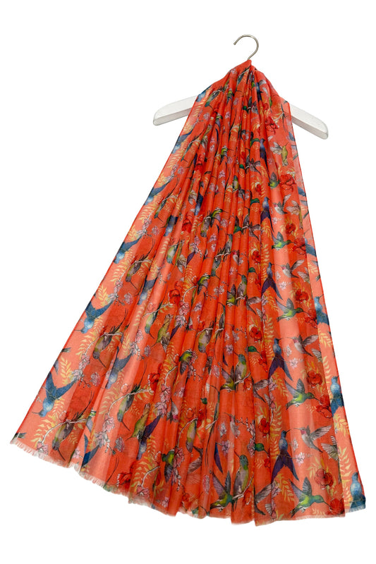 Hummingbird and floral print frayed scarf-orange