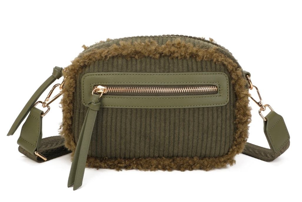 Small Cord Crossbody Bag With Front Zip Pocket and Fur Trim