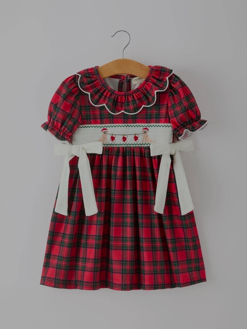 Girls Christmas Plaid Puppy Smocked Ruffle Collar Dress