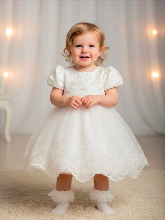 Girls Ivory Sequence And Pearl Short Christening Dress