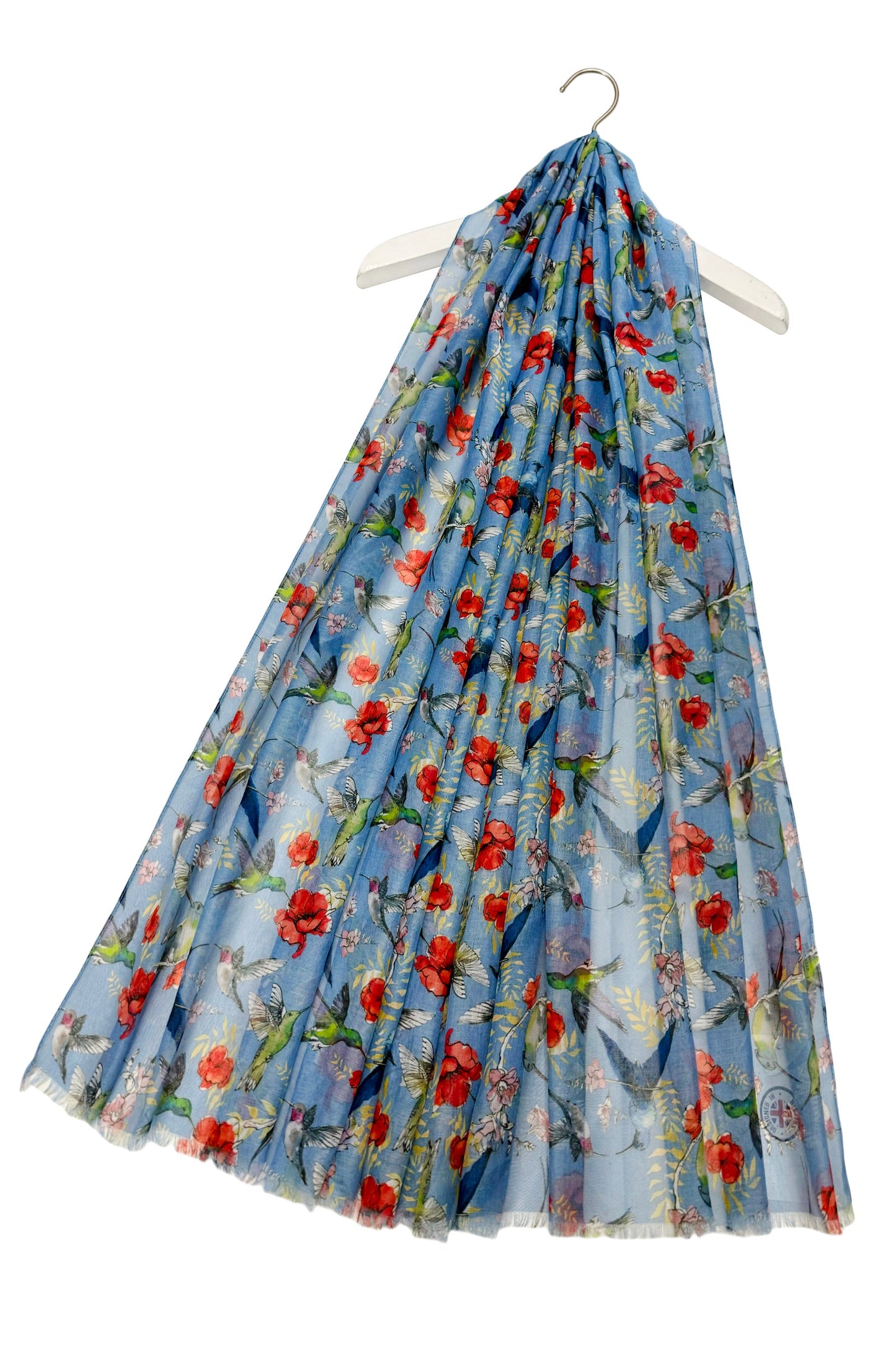Hummingbird and floral print frayed scarf-blue