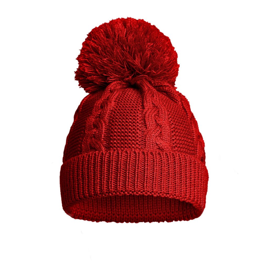 Red Cable Knit Baby Hat with Pompom