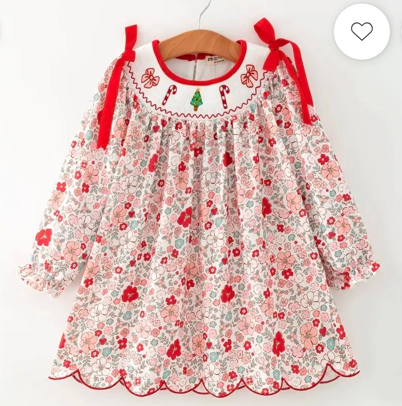 Red Floral Dress With Candy Cane Bow Embroidery
