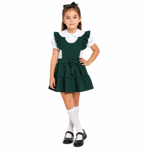 Fashion 2 Piece Green Bow Pinafore Dress with White Frill Shirt