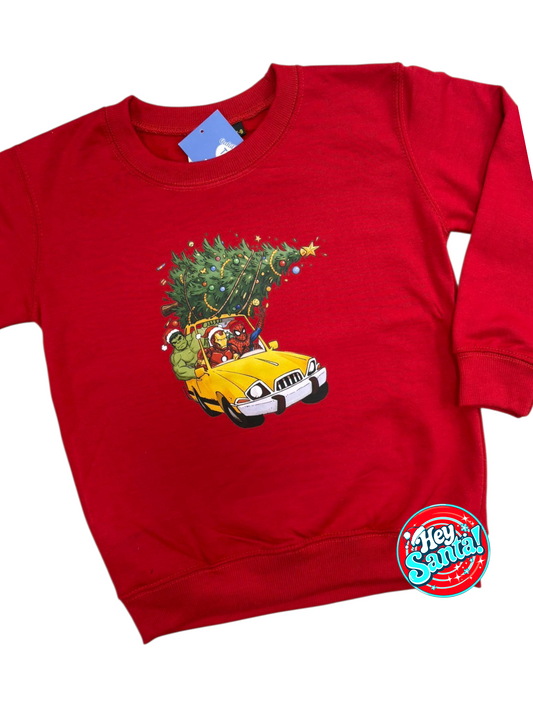 Christmas Jumper Superhero Car Red