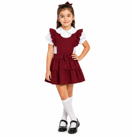 Fashion 2 Piece Wine Bow Pinafore Dress with White Frill Shirt
