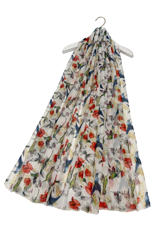 Hummingbird and floral print frayed scarf-white