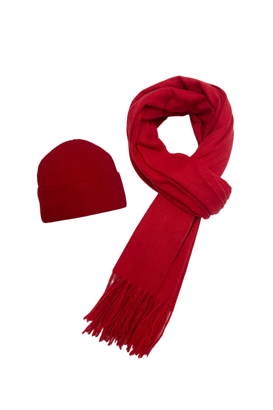 Red Cosy Plain Tassel Scarf and Hat 7884