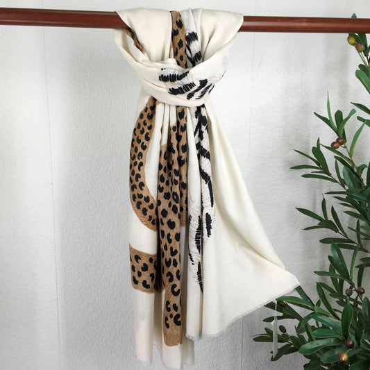 Beige Lightweight Winter Scarf With Animal Print
