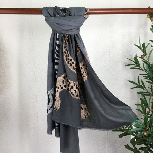 Grey Lightweight Winter Scarf With Animal Print